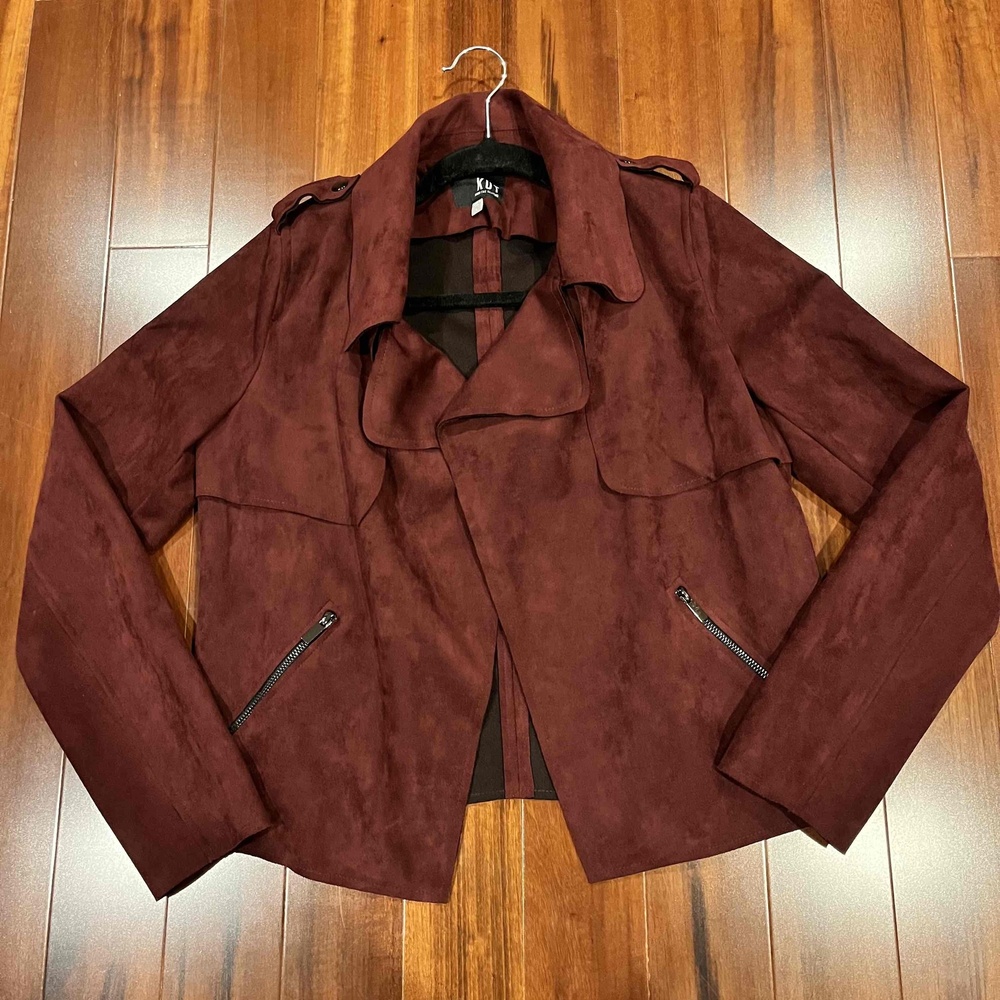KUT from Kloth Maroon Red Jacket Faux Suede Leather Drape Open‎ Front Size Small